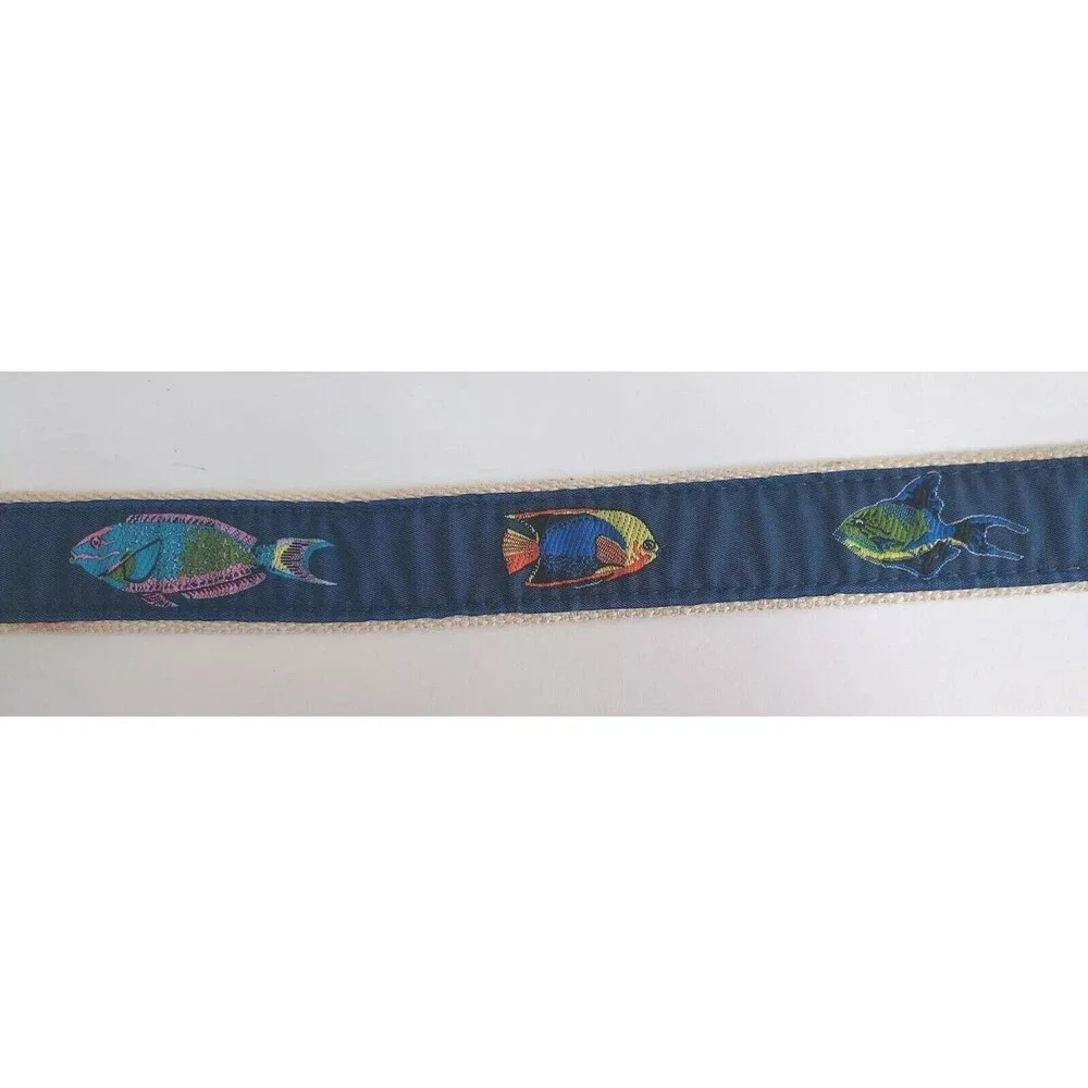 Leather Man LTD Essex CT Belt Men’s 30 Tan Canvas Navy Fish Brown Leather USA